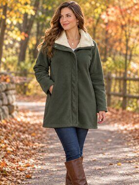 d&co Coat Cowl Neck Zip/Snap-Up Fleece Lined Pockets Cream/Olive Green NWOT 1XP